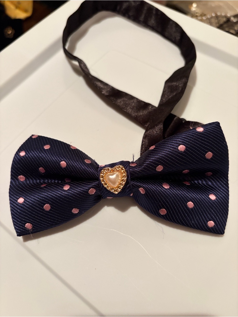 Navy Polka Dot Bow Tie with Pearl Heart Accent